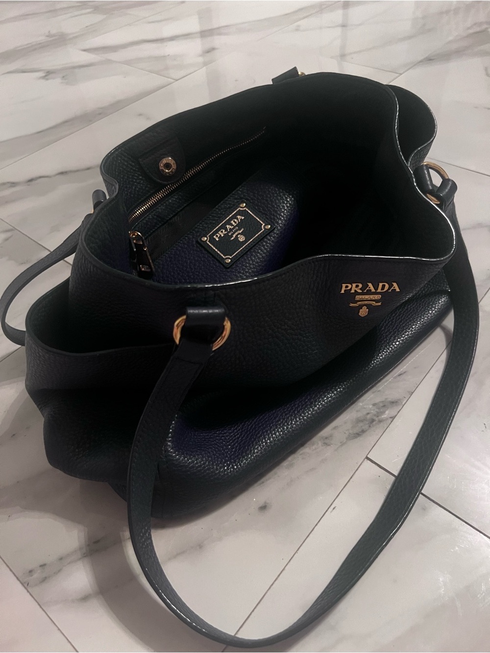 PRADA Blue Leather Tote Bag with Gold Logo